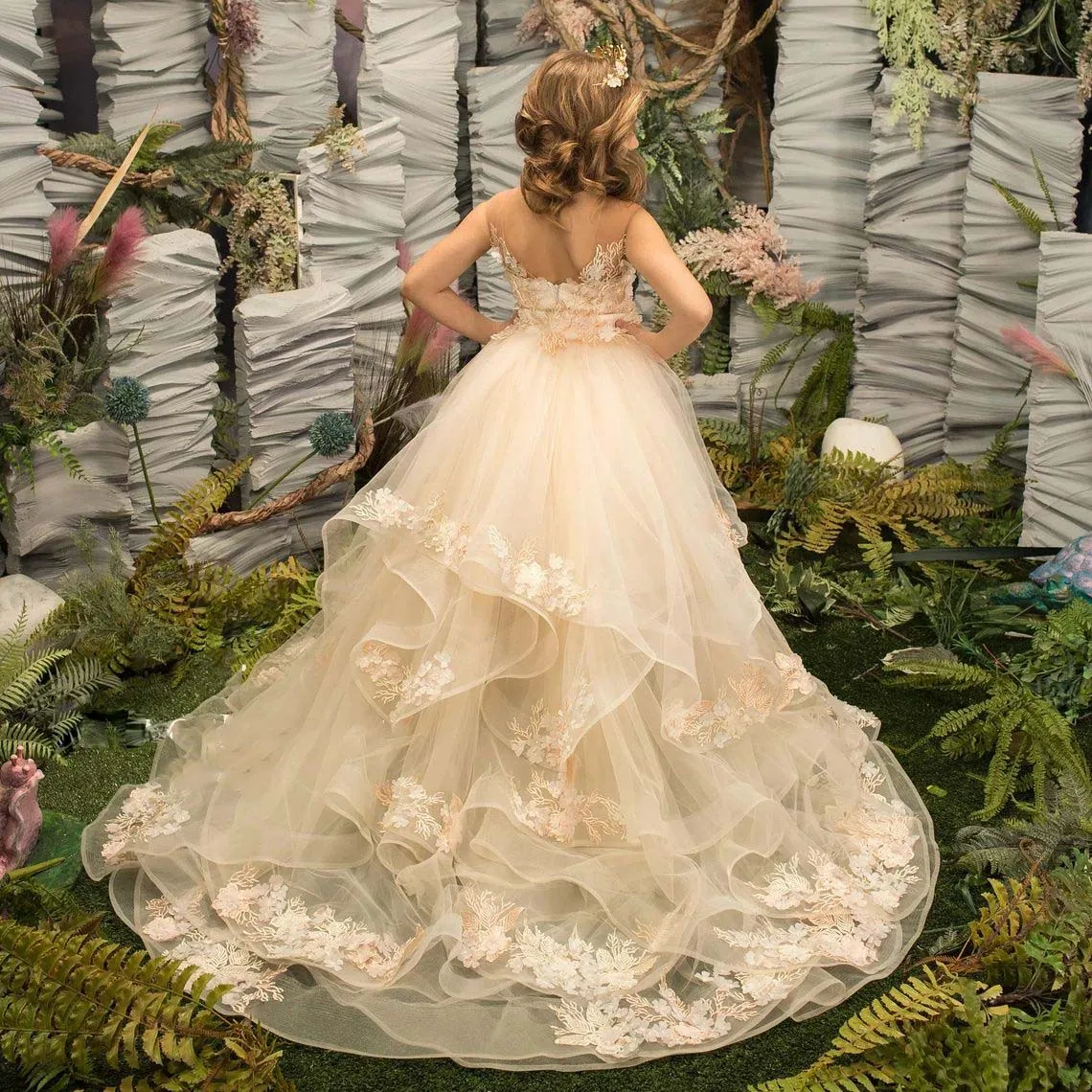 Vestidos de niña de flores para boda, apliques de tul de encaje, volantes, sin mangas, vestidos de desfile, vestidos de fiesta de graduación de cumpleaños para niños de princesa