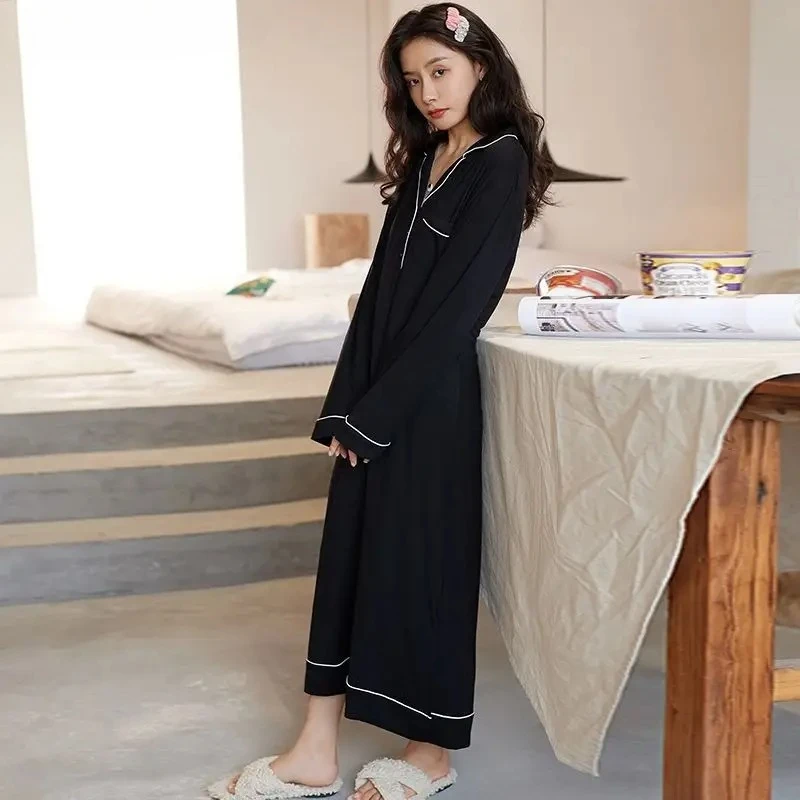 

Черные ночные рубашки женские осенние пижамы свободные с длинным рукавом до щиколотки простые шикарные женские домашние уютные Ins популярные