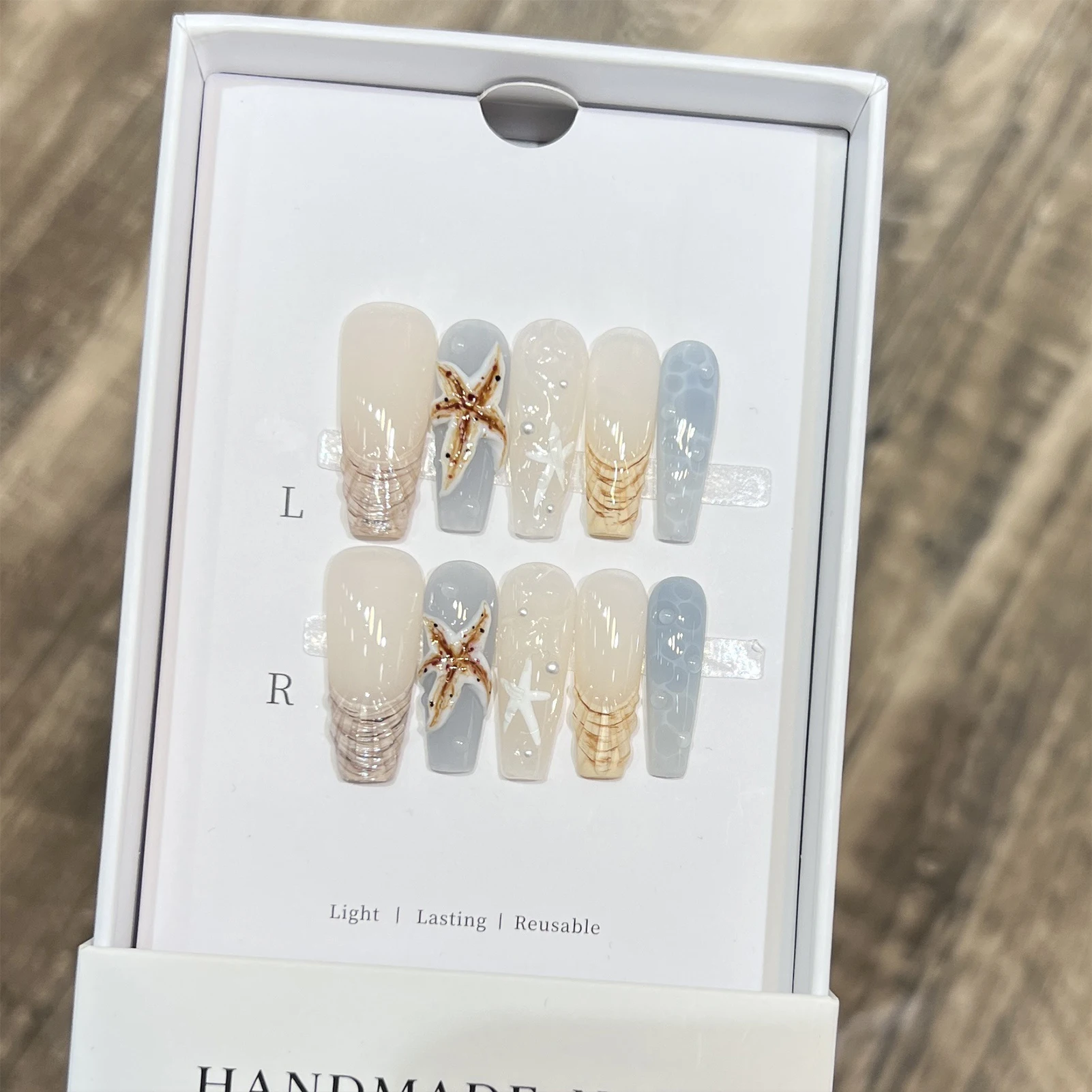 10개 롱 T자형 블루 버터플라이 프레스온 네일 오션 스타일 3D 프렌치 팁 인조 손톱 여성용 DIY 네일 아트 키트