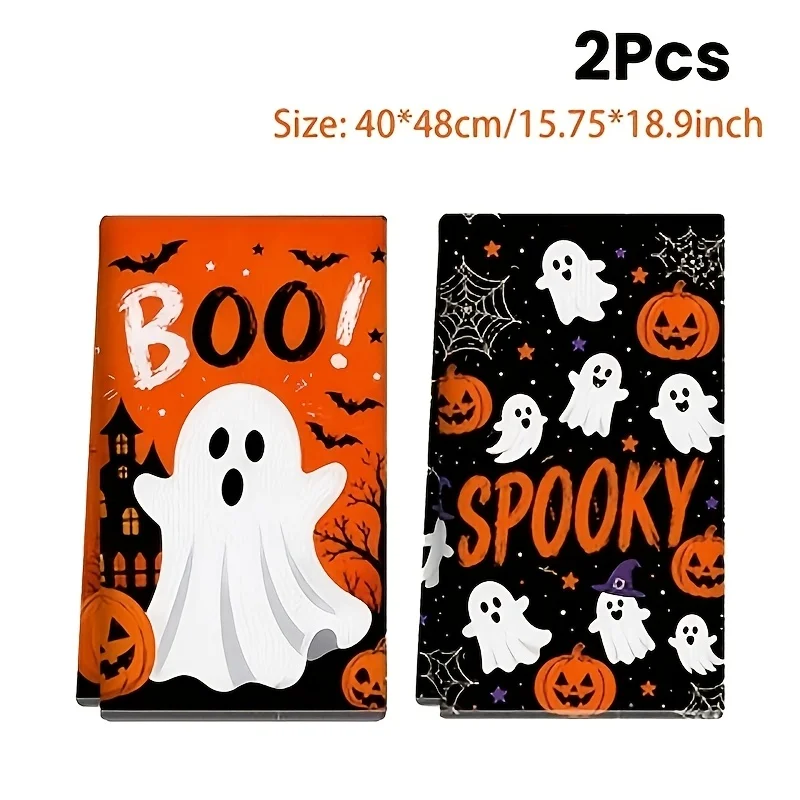 2-Pack, Halloween Dishcloths, Boo, Ghost, Spooky and Pumpkin Head Pattern Cleaning Cloths, Soft and Absorbent, Perfect for Fun Halloween Decorations, Washable Dishcloths for Kitchen, Bathroom, Cooking, Baking, Sink, and Countertop Use