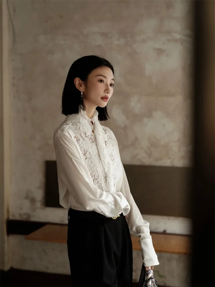 

Ele White Lace Hollow out Women's irt Luxury Sensation Straight Cut Long Sve Button up Anti Ultraviolet Thin Fabric