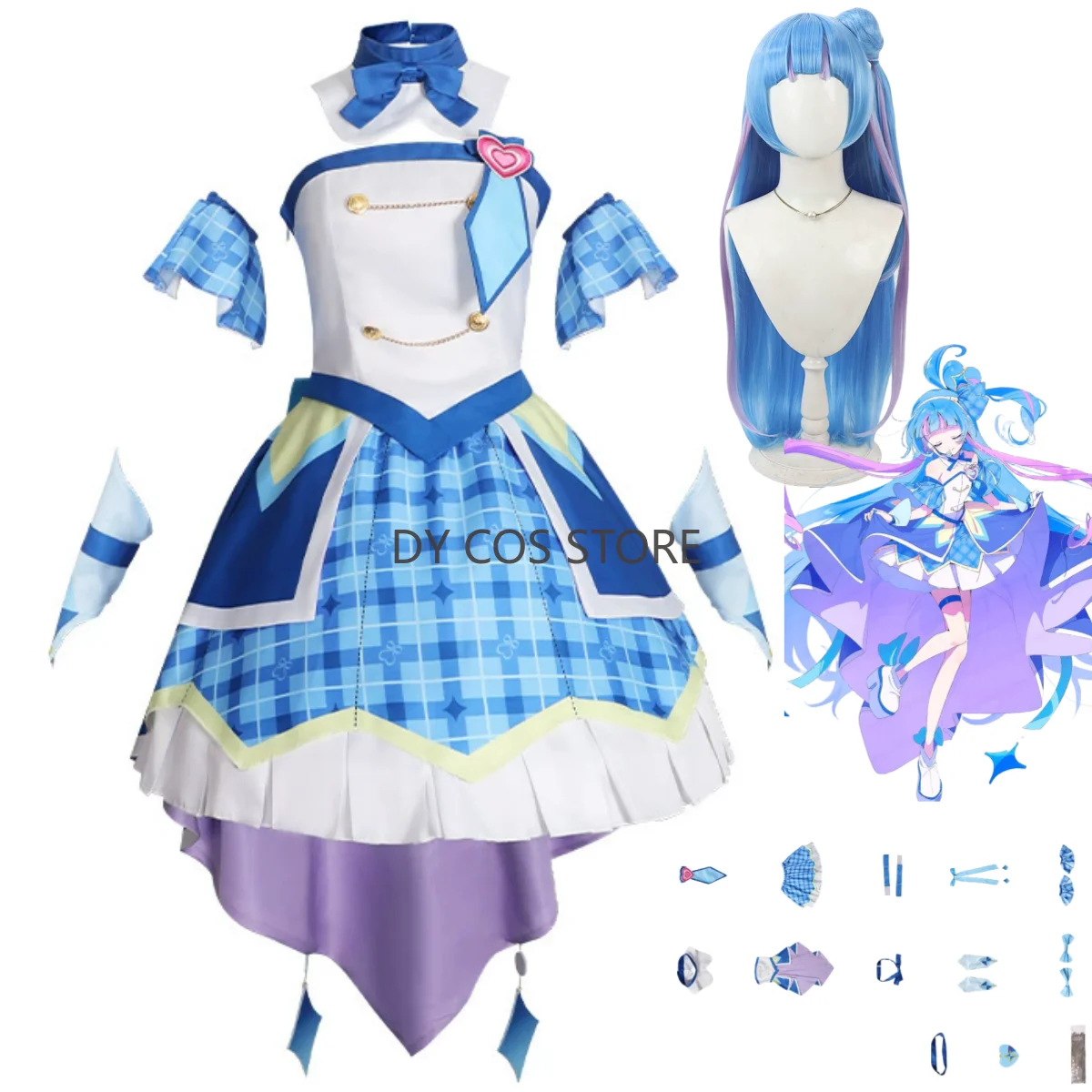 

Anime You and Idol Precure Aokaze Nana Cosplay Costume Blue White Princess Dress Lolita Skirt Wig Woman Kawaii Masked Ball Suit