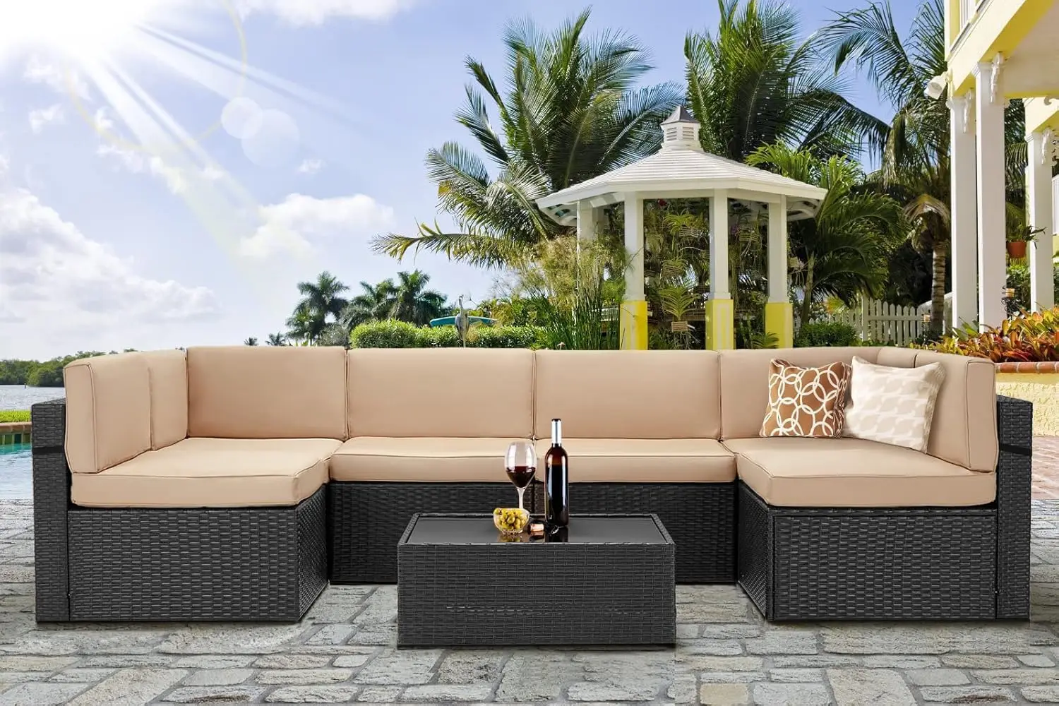 7-Piece Outdoor Patio Set, PE Rattan Wicker Sectional Sofa with Cushions & Tea Table, Black & Beige, All-Weather
