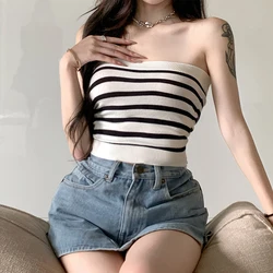 Summer Sexy Women Striped Tube Tops Slim Skinny Crop Top Strapless Knitted Vest