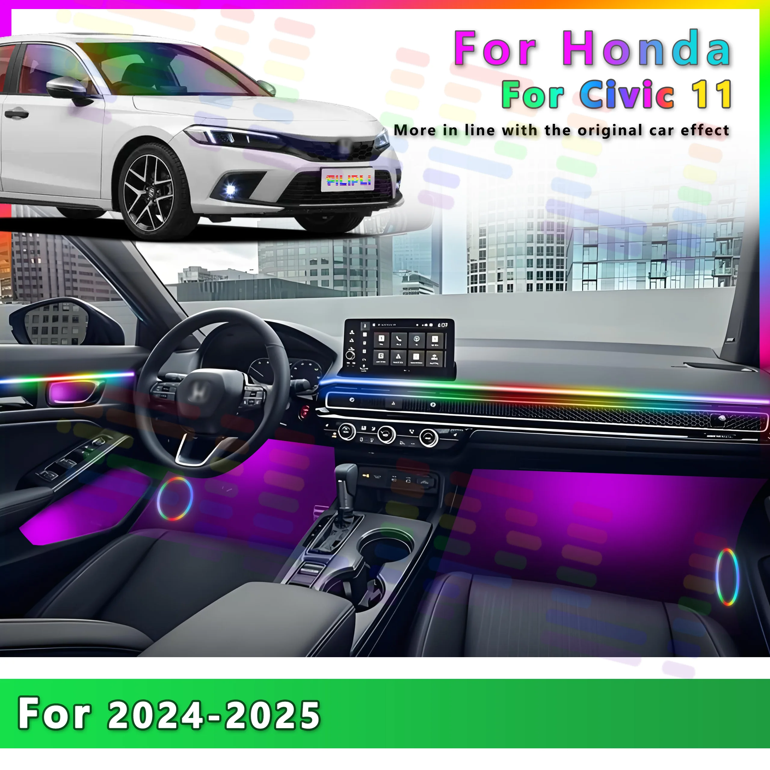 

For Honda Civic 2024-2025 Acrylic LED Ambient Interior Lighting Strip 64 Colors APP Controlled RGB Music Sync