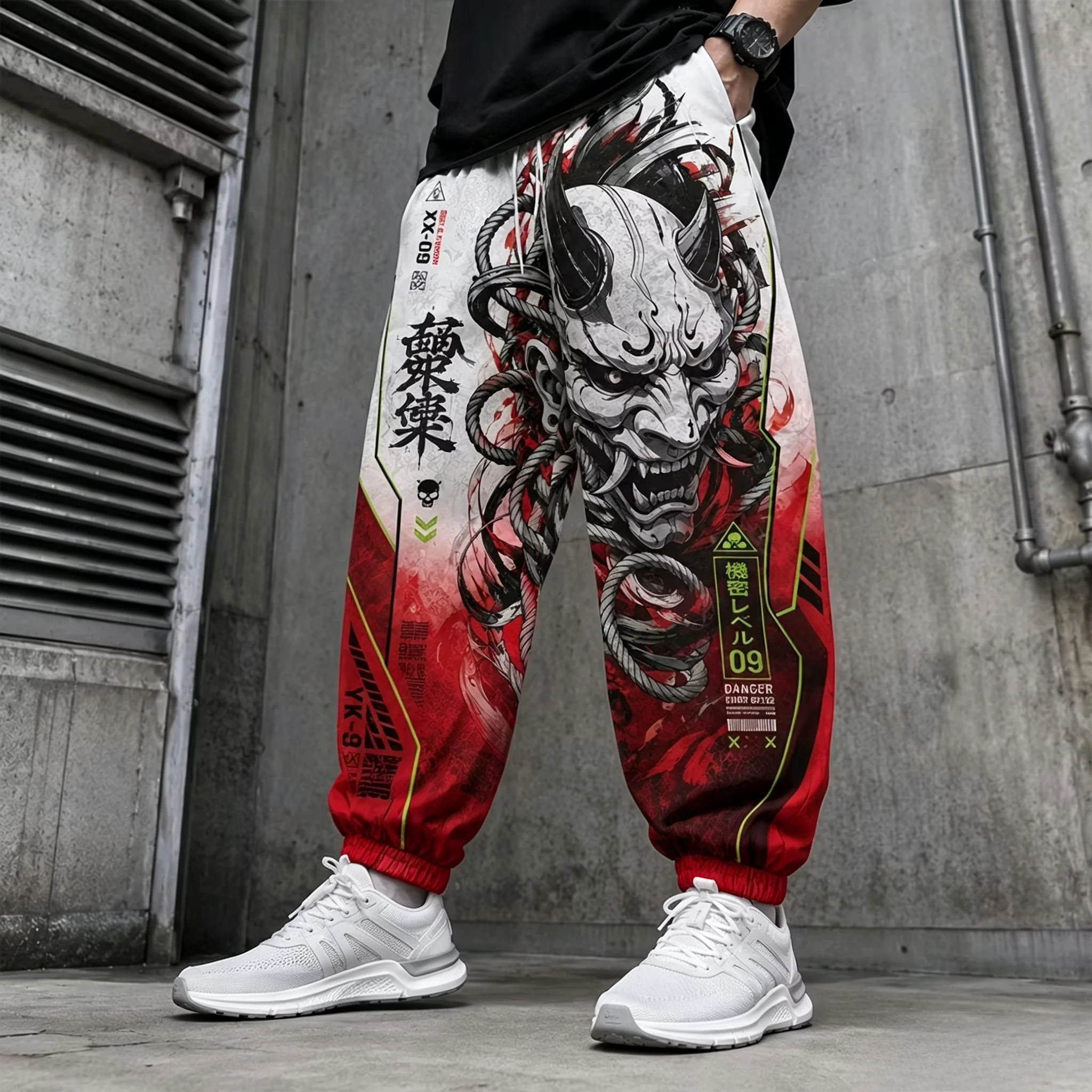 2026 Japanese Demon Mask Patterned Athletic Sweatpants, Loose-fitting Casual Athletic Sweatpants, Unisex Hip-hop Streetwear.