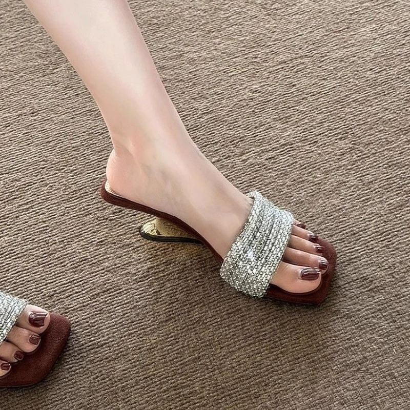 Elegant Women's Summer High Heel Sandals Crystal Embellished Thin Strap Slip-On Open Toe Dressy Slides for Outdoor Wear