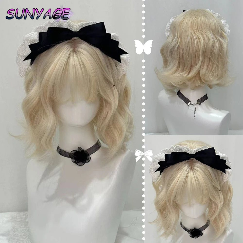 

Lolita Synthetic Wig Short Curly Hair 12 Inches Sweet And Lovely White Gold Natural Fluffy Wool Volume Cosplay Full-Head Wig For