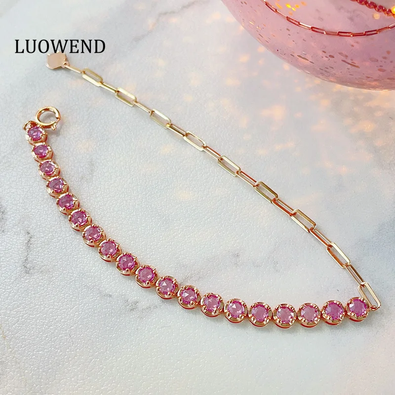 LUOWEND 100% 18K Yellow Gold Bracelet Romantic Gentle Style Real Natural Pink Sapphire Bracelet for Women High Wedding Jewelry