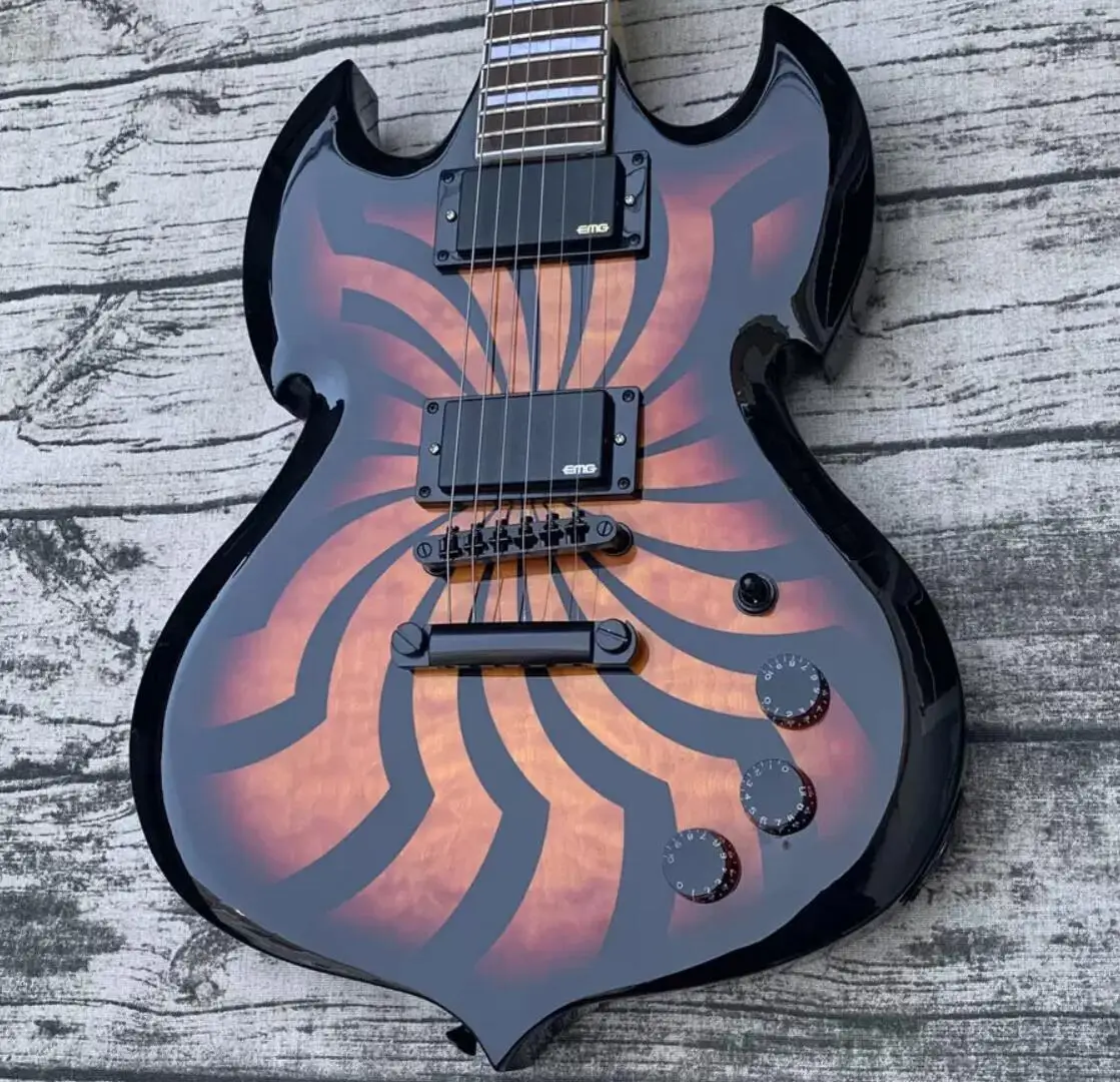 

Rare Wylde Audio Barbarian HellFire Orange Black Buzzsaw Quilted Maple Top Electric Guitar Large Block Inlay China EMG Pickups