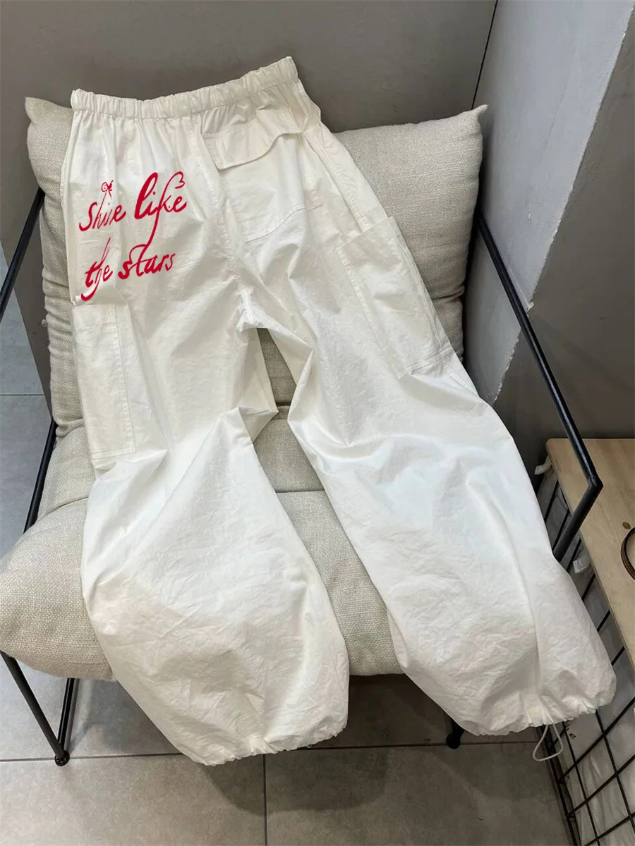 กางเกงทำงานทรงหลวมพิมพ์ลายสไตล์เกาหลีสำหรับผู้ชายและผู้หญิงฤดูร้อนสไตล์วินเทจฮ่องกงทรงสลิมขาจั๊ม