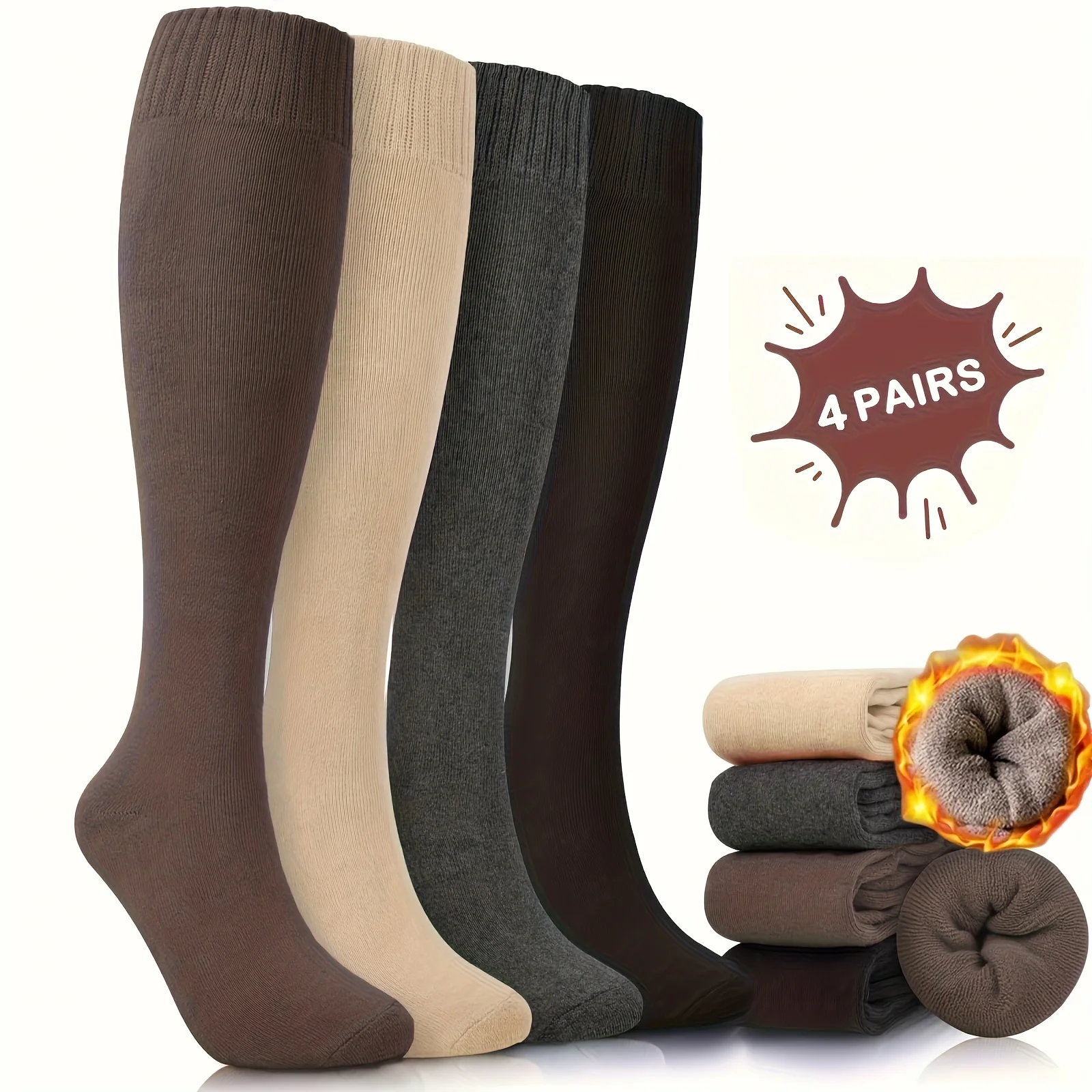 4 Pairs Warm Knee High Socks for Women, Soft Thick Stocking for Cold Weather, Thermal Womens Long Casual Winter Gifts Socks