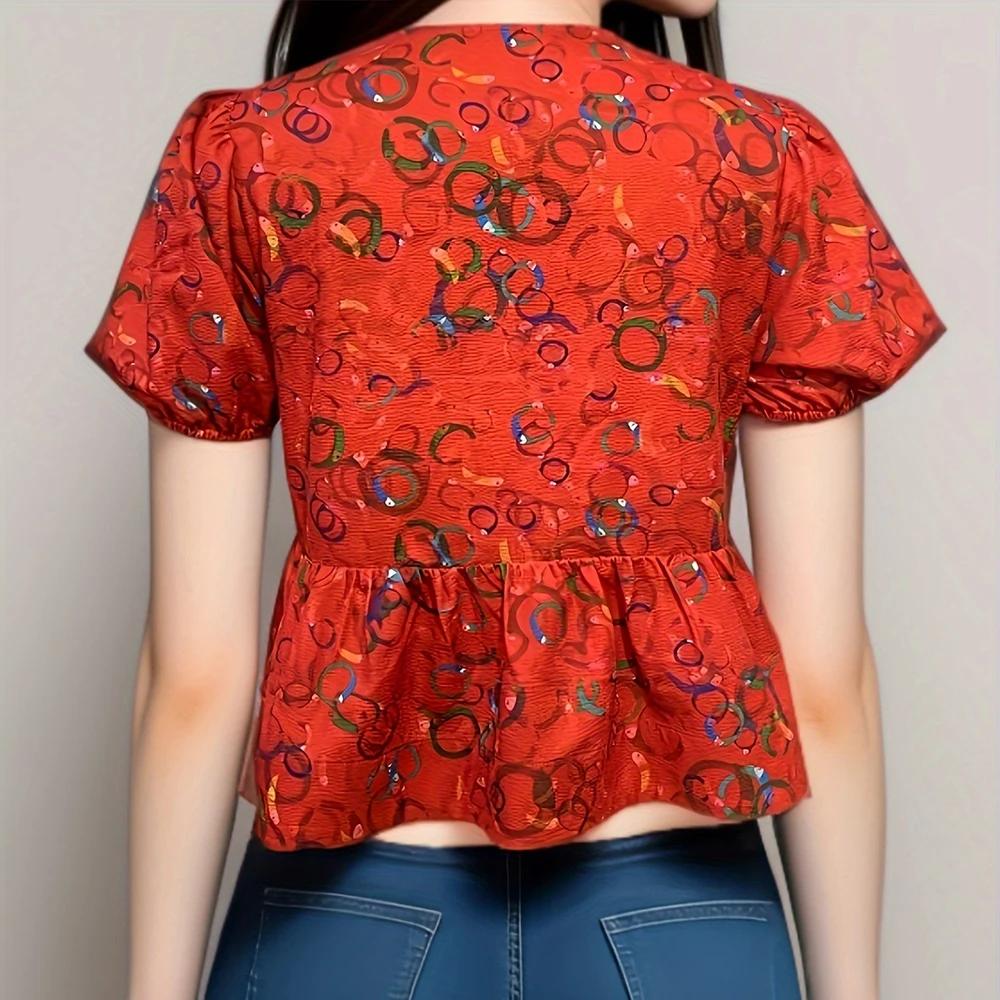 CHCH 2024 Summer Lace Up Flower Print Women‘s Shirt Hollow Out Bow Short Puff Sleeve V-neck Female Shirt Casual Lady Outwear