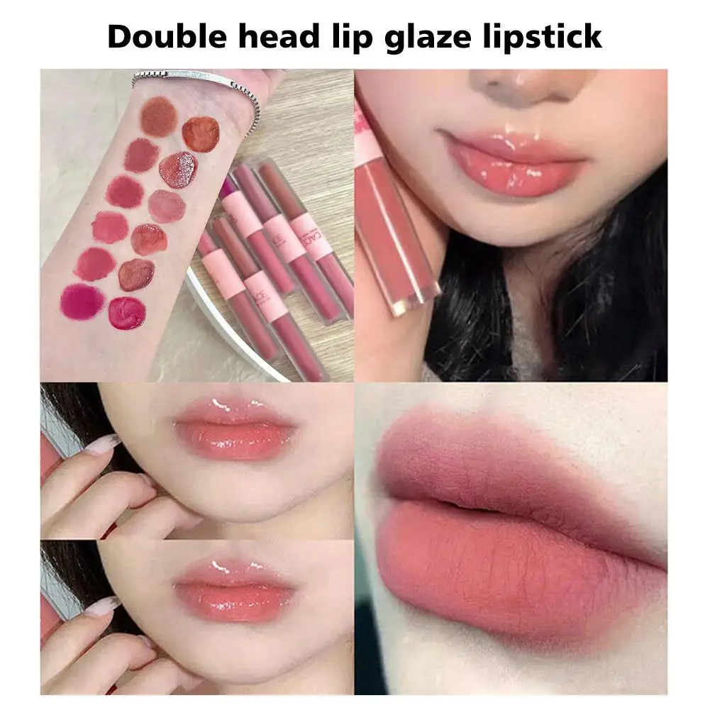 Brillo de labios de doble cabeza, lápiz labial líquido de terciopelo mate, tinte rojo Sexy, resistente al agua, brillo de labios duradero, Cosméticos de maquillaje coreano