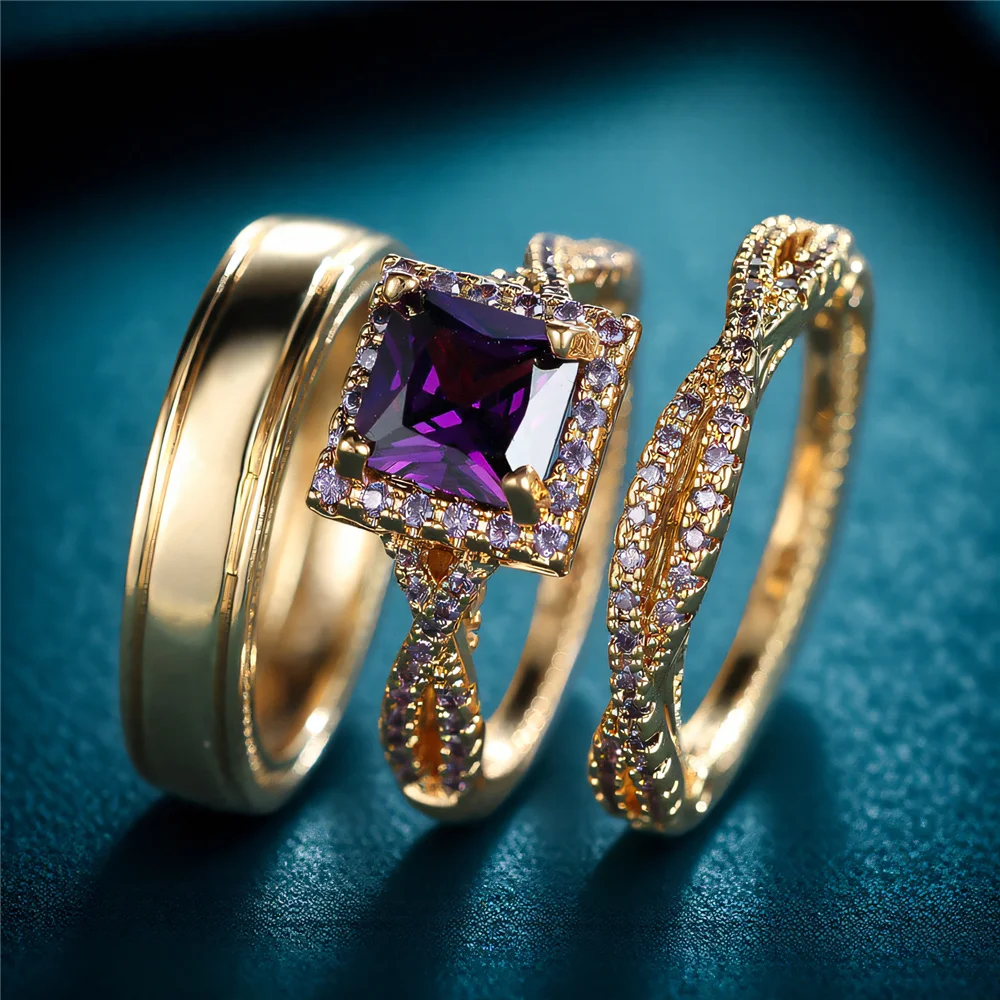 Weibliche Luxus Kristall Lila Zirkon Ring Set Mode Vintage Gold Farbe Braut Hochzeit Engagement Schmuck Für Frauen
