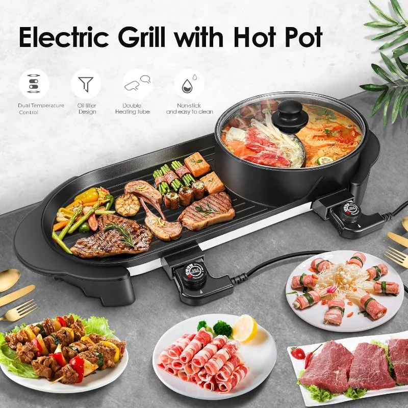 Panela quente SEAAN com grelha, churrasqueira coreana combo elétrico interno, pote Shabu Shabu, grelha divisória KBBQ sem fumaça, 110V