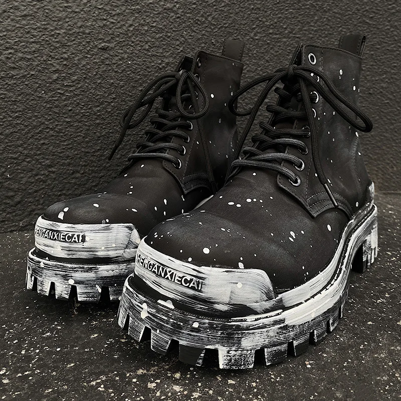 

New Men's Retro Old Booties High Street Lace-up Men's Canvas Thick Bottom Increase Graffiti Motorcycle Boots Rubbing Booties