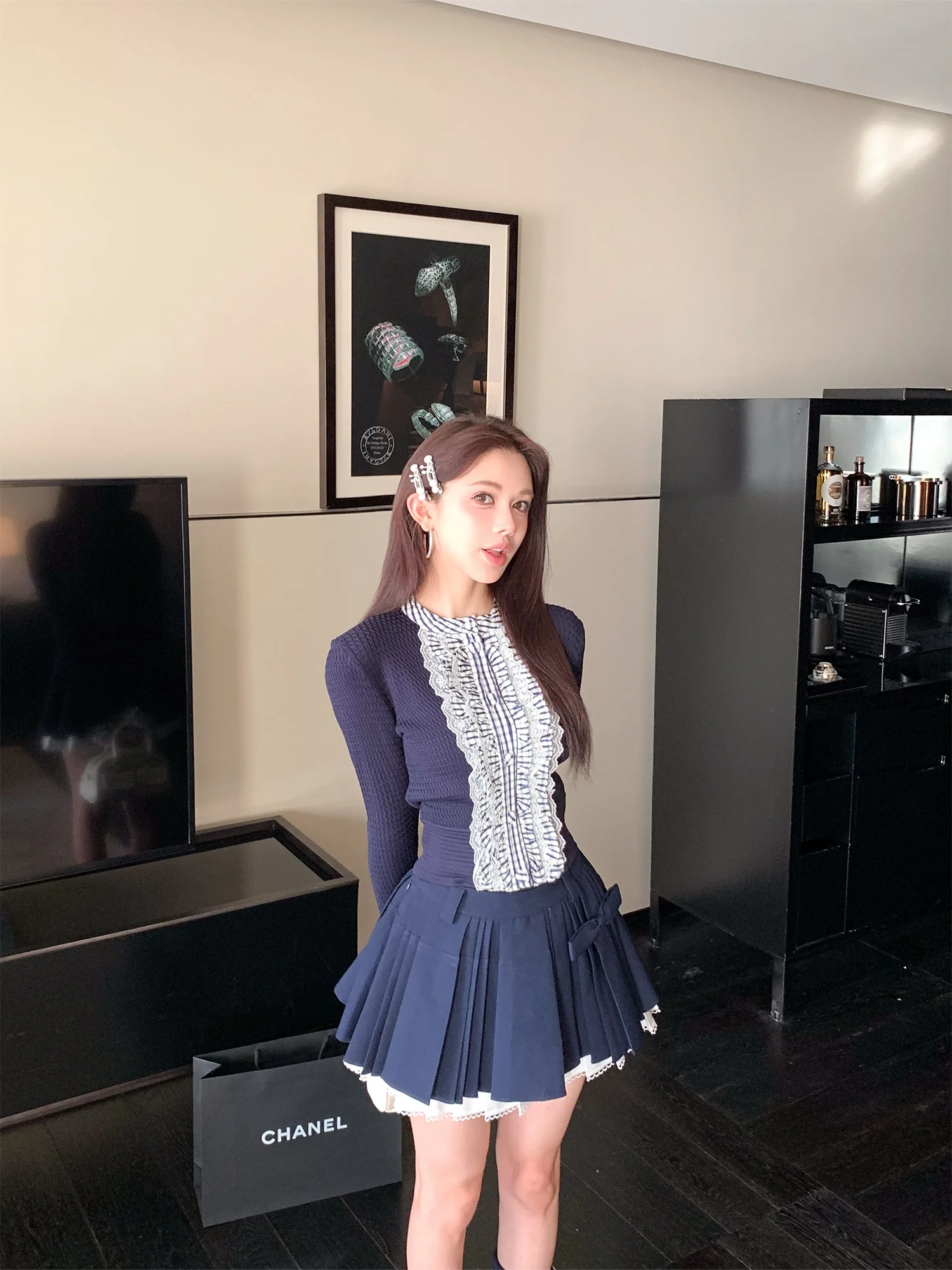 

Sweet Sle Knitted Lace Patchwork Waist-Cinching Women's Cardigan Casual Straight Tube Cotton Blend Long Sve round Ne