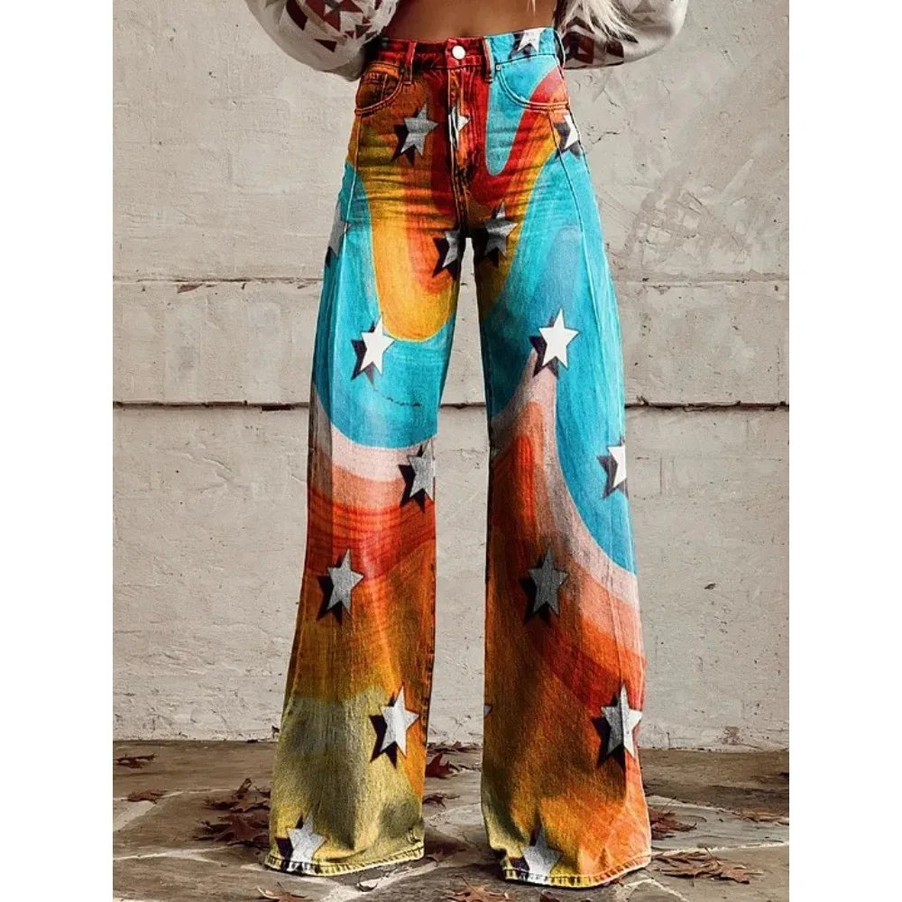Vintage Galaxy Star Print Hose mit hoher Taille und weitem Bein, Damen-Baumwollhose, lässige Streetwear-Hose für Festivals und Konzerte – Detail 4
