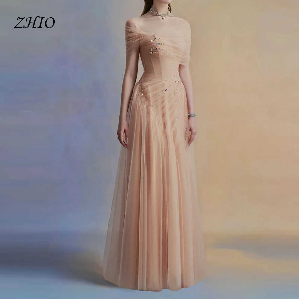 ZHIO 韓国非対称チュール A ラインのブライダルドレス結婚式ビーズストラップレスコルセット女性のイブニングドレス長袖フォーマルドレス