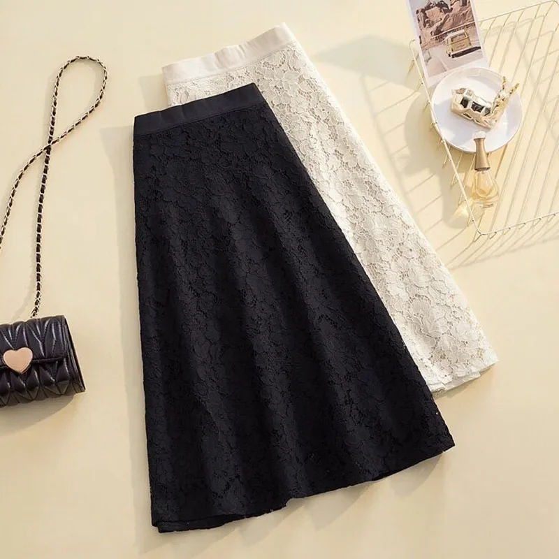 

Straight High Waist Women Lace Skirt Summer Causal Elegant Mid-Length Skirts Korean Fashion Chic Loose Streetwear A-Line Faldas