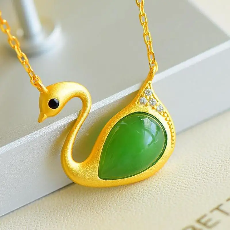 

Ожерелье из стерлингового серебра 925 пробы с нефритом, женские сертифицированные ювелирные изделия, натуральный китайский нефрит Hetian Jade, ожерелья с подвеской в виде золотого лебедя