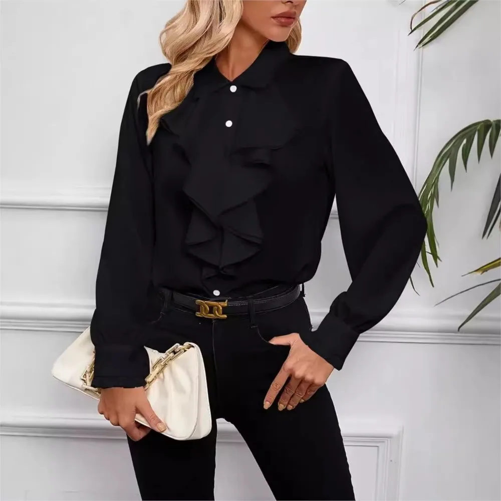 Spring Autumn Fashion White Ruffled Elegant Blouse Top Women New Long Sleeve Lapel Woman Shirt Solid Office Ladies Loose Tops