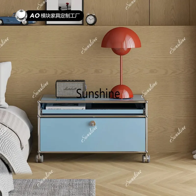 Bedroom stainless steel mobile bedside table simple storage bedside cabinet