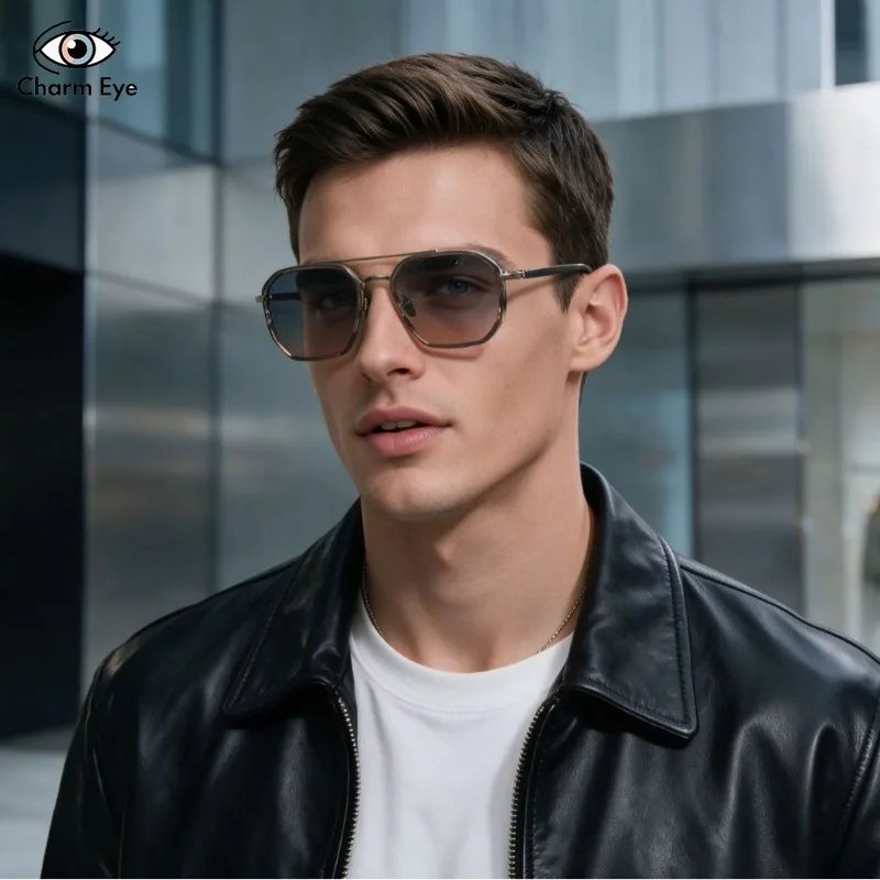 Fashion Men Sunglasses Polygonal Ultra Light Pure Titanium+acetate Double Beam Frame Outdoor Car Driver Pilot Sun Glasses UV400