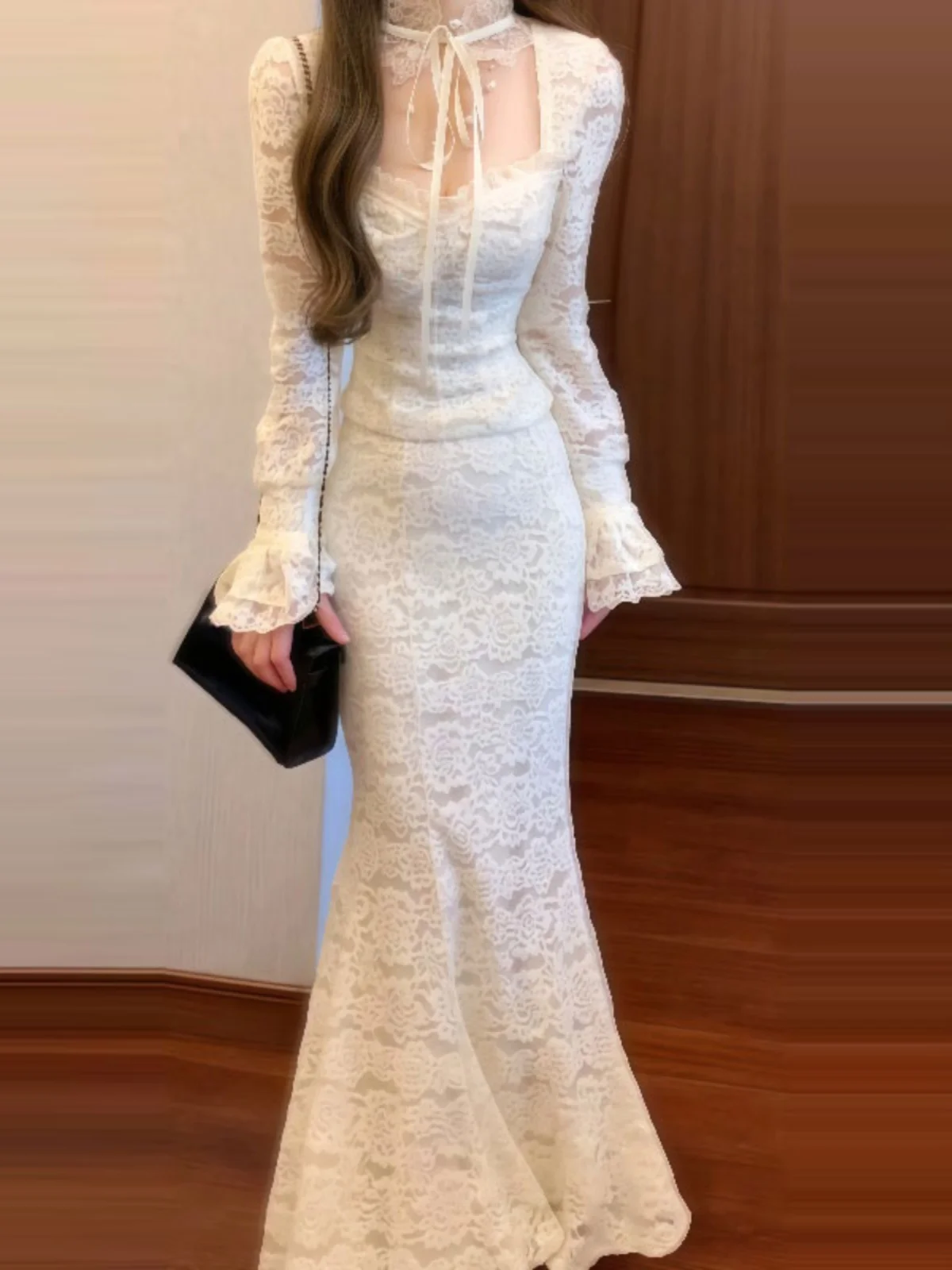 

Fashionable Lace Top And Fish Tail Skirt Set Korean Style Spring Collection Two Piece Set Comfortable Cotton Material Short S...