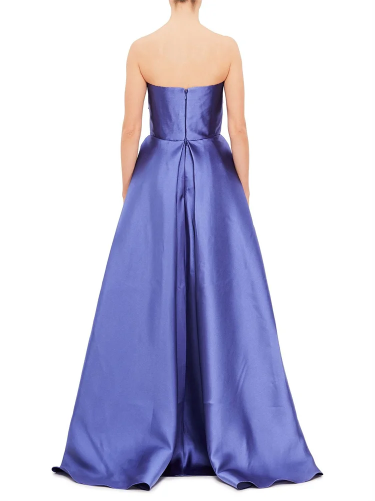 Customized Elegant Satin Pleated A-line Silhouette Evening Gown Sleeveless Tube Top Pleated Chest Naturally Draped Dress