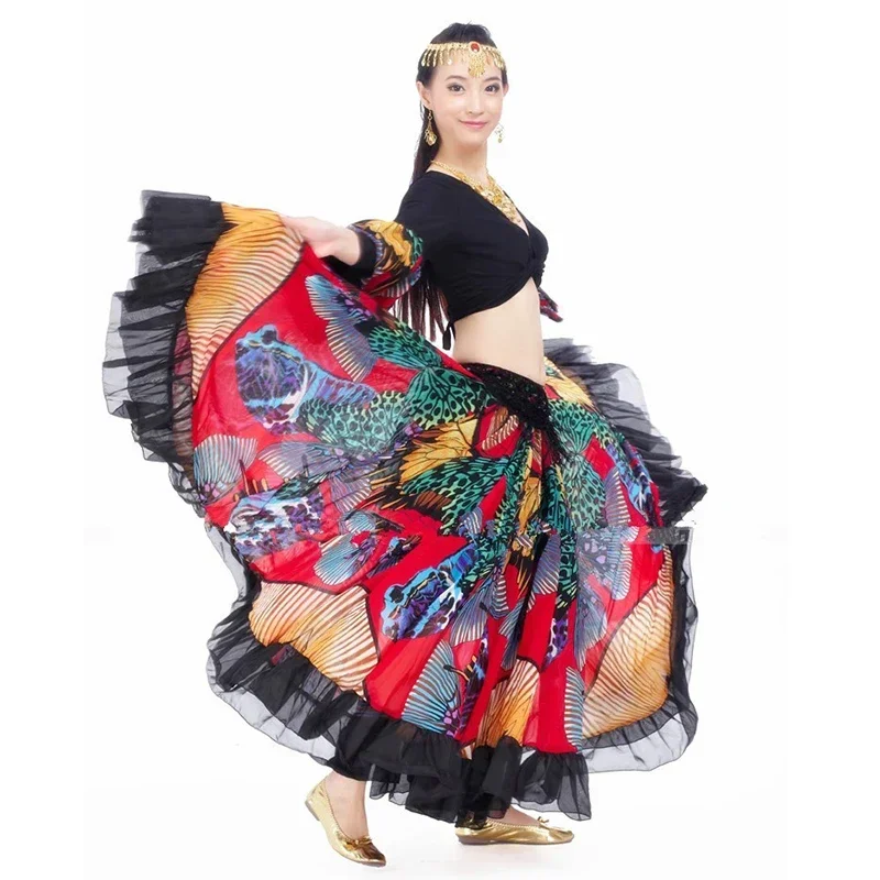 Fato de Dança do Ventre para Dança do Ventre Grande Flor de Balanço Saia Cigana Estampada Borboleta Roupas Tribais, Roupas Flamenco 720 Graus