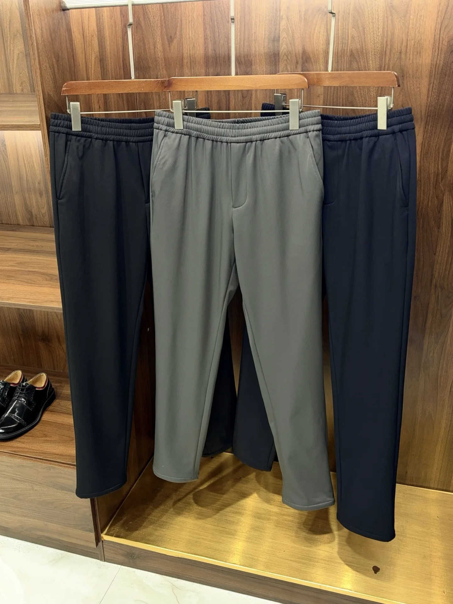 

Thiened Fce Warm Busin Casual Men's Pants Straight Leg Elastic Waist mid Waist Pure Color Youth Faion Winter Sle