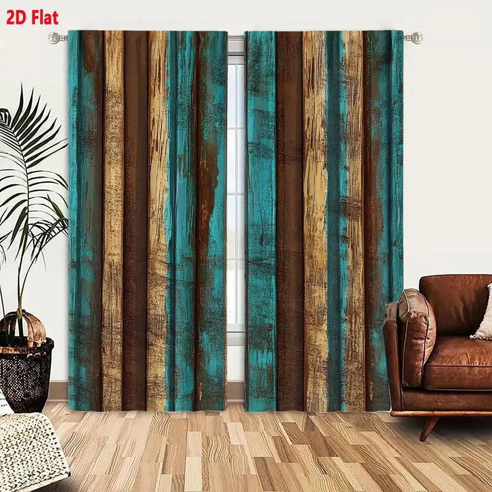 

2pcs Curtains, Weathered Distressed Vertical Wooden Planks with Teal Turquoise Tan Window Drapes for Bedroom Window Treatment