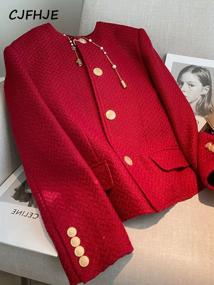 CJFHJE Red Elegant Vintage Korean Buttons Coats Autumn Winter Fashion Suit Jackets Women Long Sleeve High Quality Blazers Female