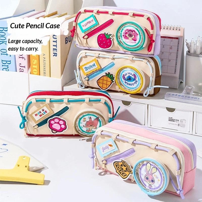 

Пенал Disney Judy Nick Stitch Cute Candy Color Block, большой вместительный пенал с мультяшными нашивками, сумка-органайзер для студентов, портативный органайзер