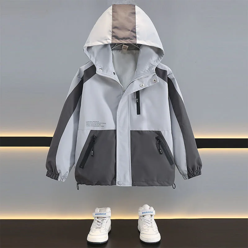 Teen Boys Color Blocking Windbreaker Coat 2026 Spring Autumn Kids Fashion Zipper Hooded Jacket Tops Children Waterproof Outewear