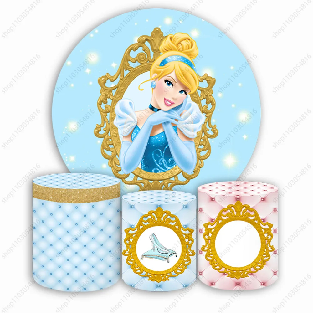 Princess Cinderella Round Photo Backdrop Pumpkin Carriage Clock Bell Castle Girls Birthday Circle Background Booth Plinth Covers