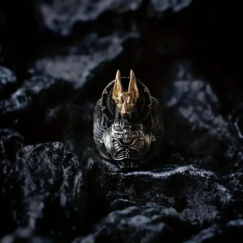 خاتم أنوبيس، قابل للتعديل، يرمز إيمان المستقبل، إله الآلات، خاتم سايبربانك الداكن القوطي للرجال