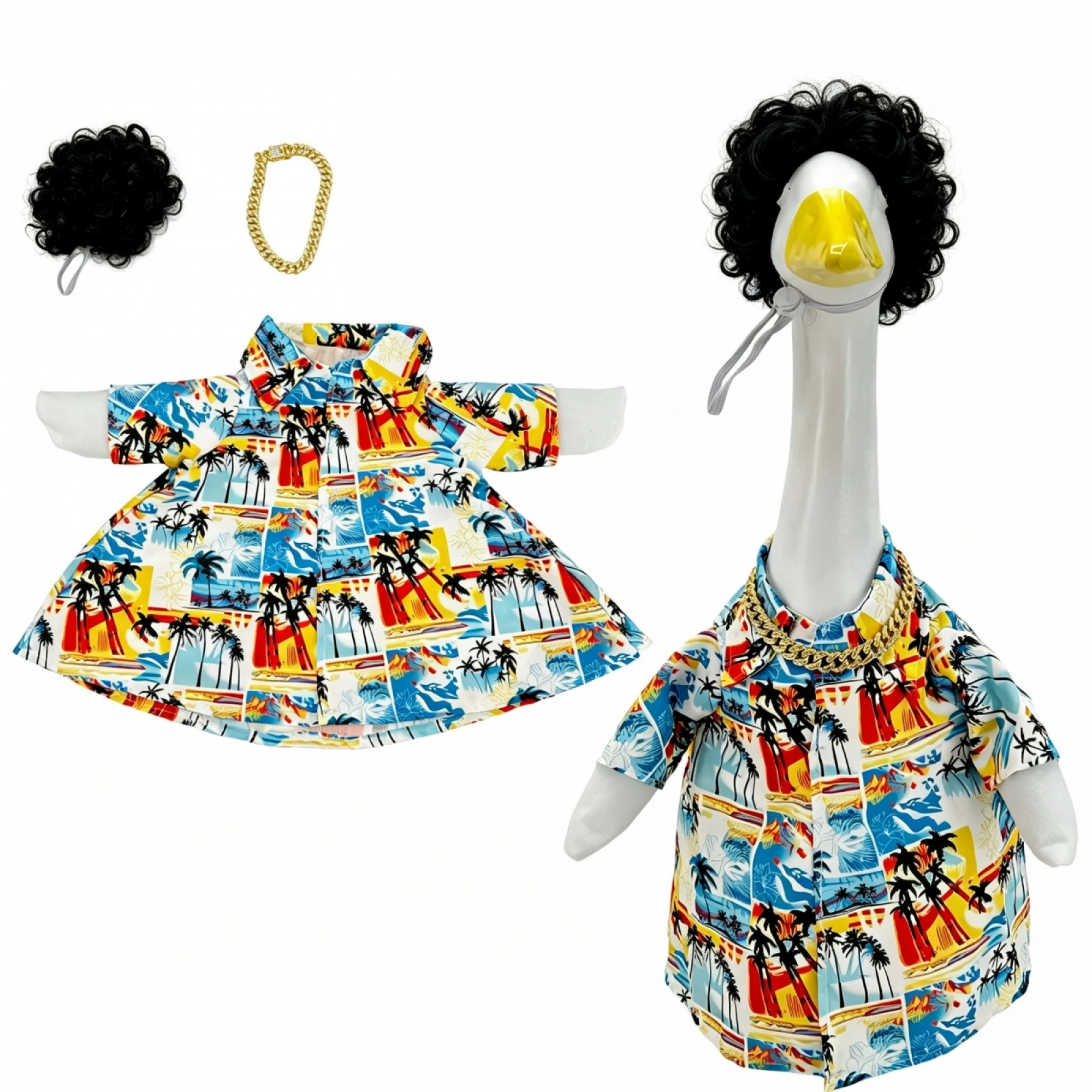 Summer Porch Goose Outfits Hawaii Shirt Curly Wig Chain Necklace
