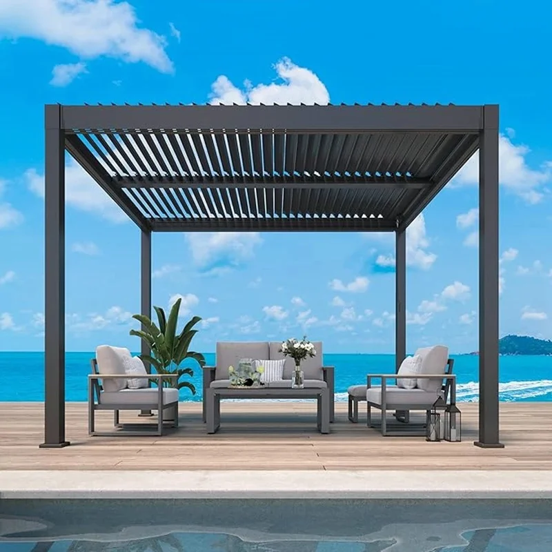 Customized OEM Design Powder Coated Durable Windproof Aluminum Louvered Pergola LED Lights Outdoor Garden Terrace Roof