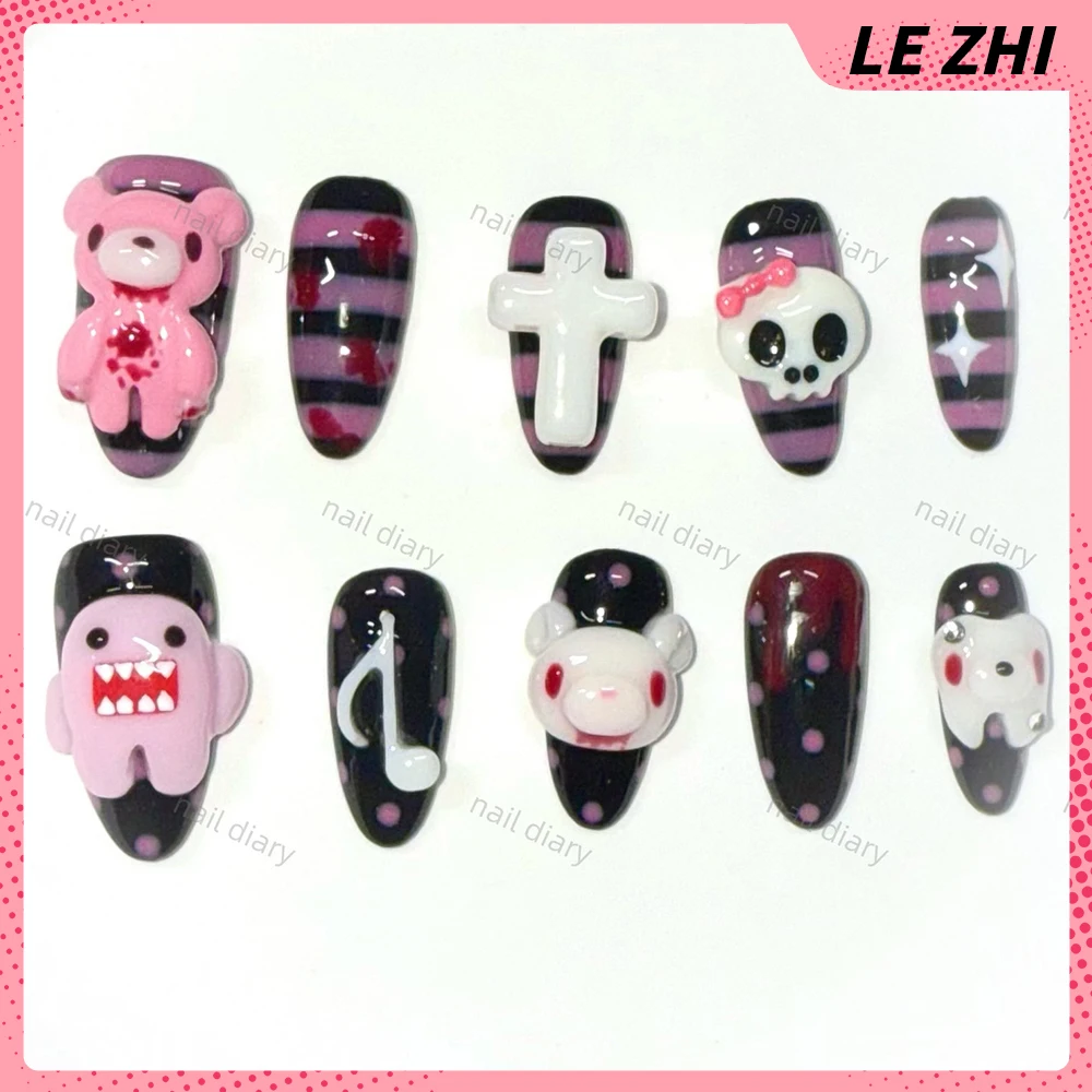 Cute Rabbit Bear Cat 3D Animals Press On Nails Art Stickers Strawberry Dot Pattern Note Almond Manicure Fake Nails view 4