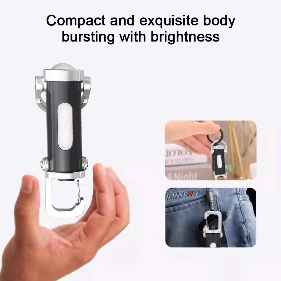 Portable Mini COB LED Keychain Light Type-C Rechargeable Flashlight 7 Mode Waterproof Lamp for Outdoor Camping Lantern with Hook