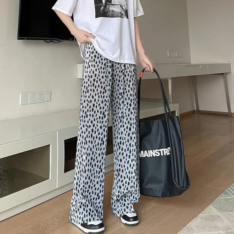 Pleats Wide Leg Pants Women New Pink Leopard Print High Waist Casual Trouser Y2k Loose Straight Leg Pants Korean Women Clothing