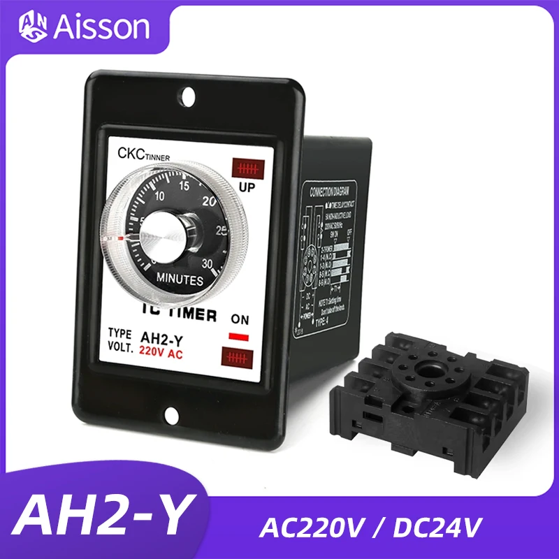 AH2-Y Time Relay AC220V DC24V Power-on Delay Timer DPDT 8Pin with Base 1S 10S 30S 60S 10M 30M 60M