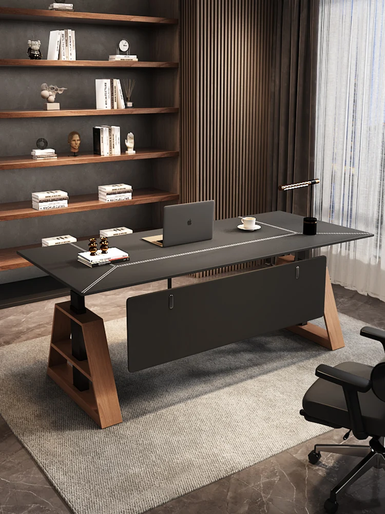 Electric lifting desk desktop computer desk intelligent core workbench solid wood office leather desk