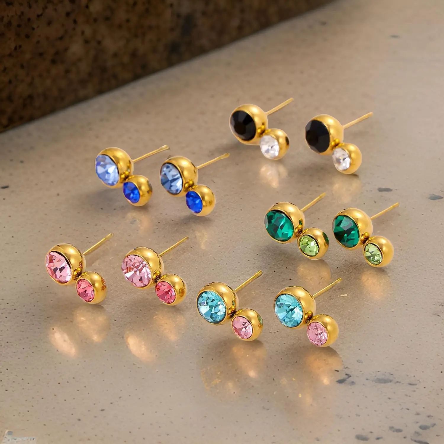 

CARLIDANA Trending Simple Multi-Colored 18k Gold Color Round Zircon Stud Earrings for Women New Fashion Jewelry Earrings