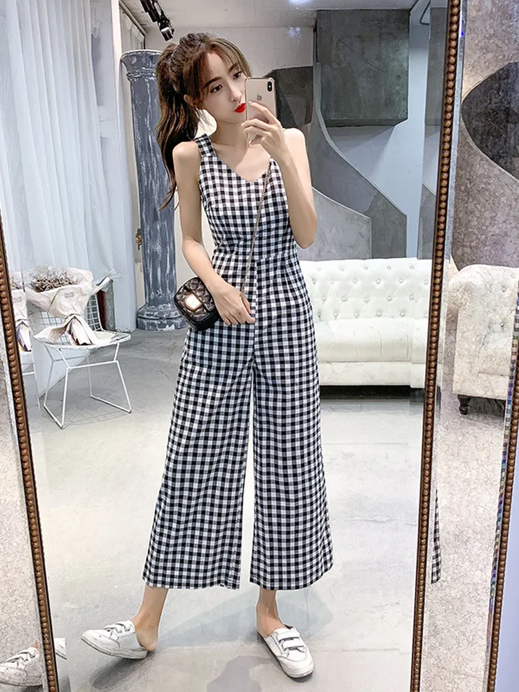 

Летний комплект 2024: Женские брюки с высокой талией и широкими штанинами, прямые брюки в клетку, корейский стиль, для офиса и повседневной носки