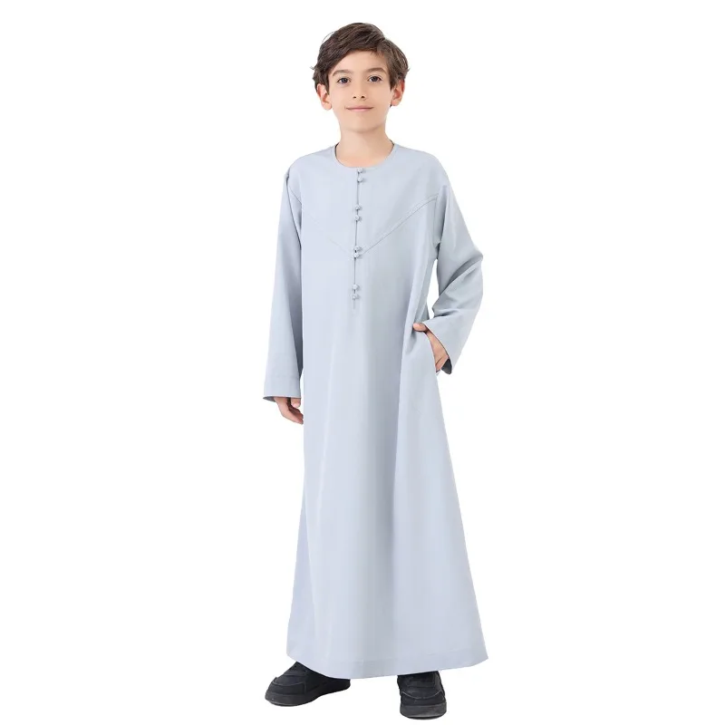 

Arab Boys Robe Pure Color Button Middle East Long Dress Muslim Kids Clothing Dubai Travel