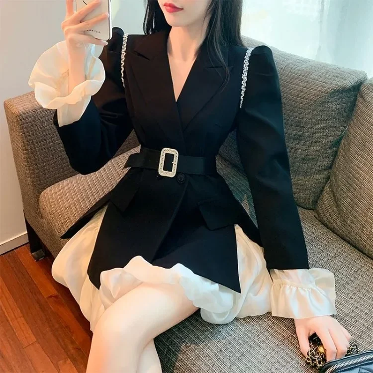 Elegant Vintage Diamond Slim Fit Long Sleeve Black Coat Women+ High Waist Patchwork Skirts Early Autum New Two Piece Sets